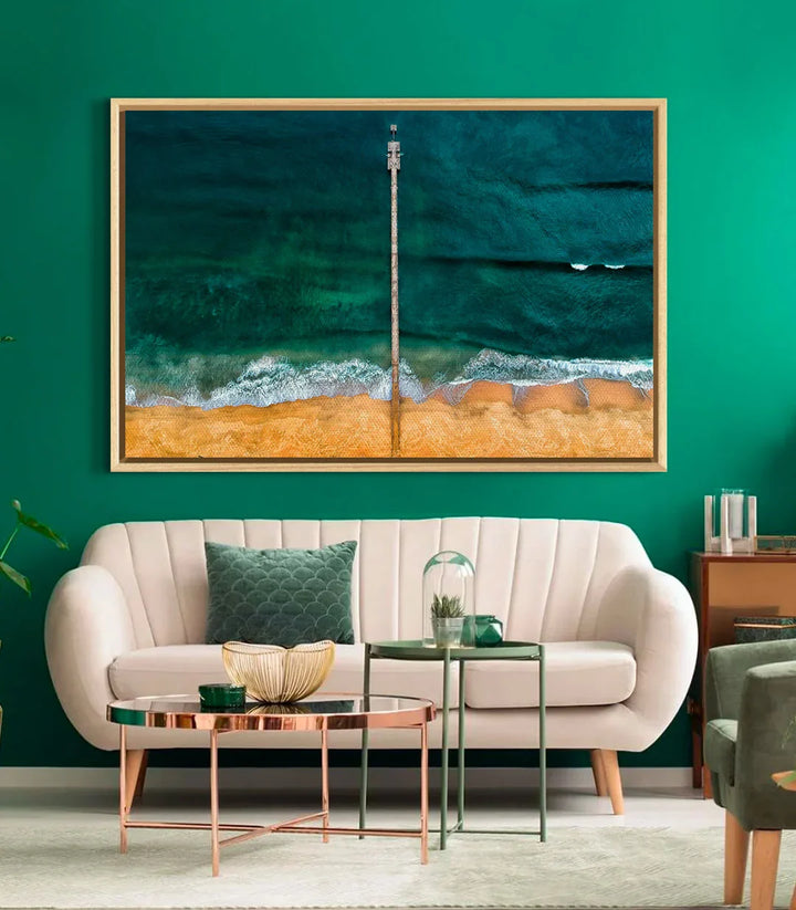 Décoration intérieur tableau Ocean Path paysage côtier sur mur vert salon Massinart
