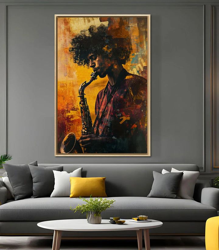 Tableau Ethereal Jazzman - Art jazz vertical cadre noir Massinart