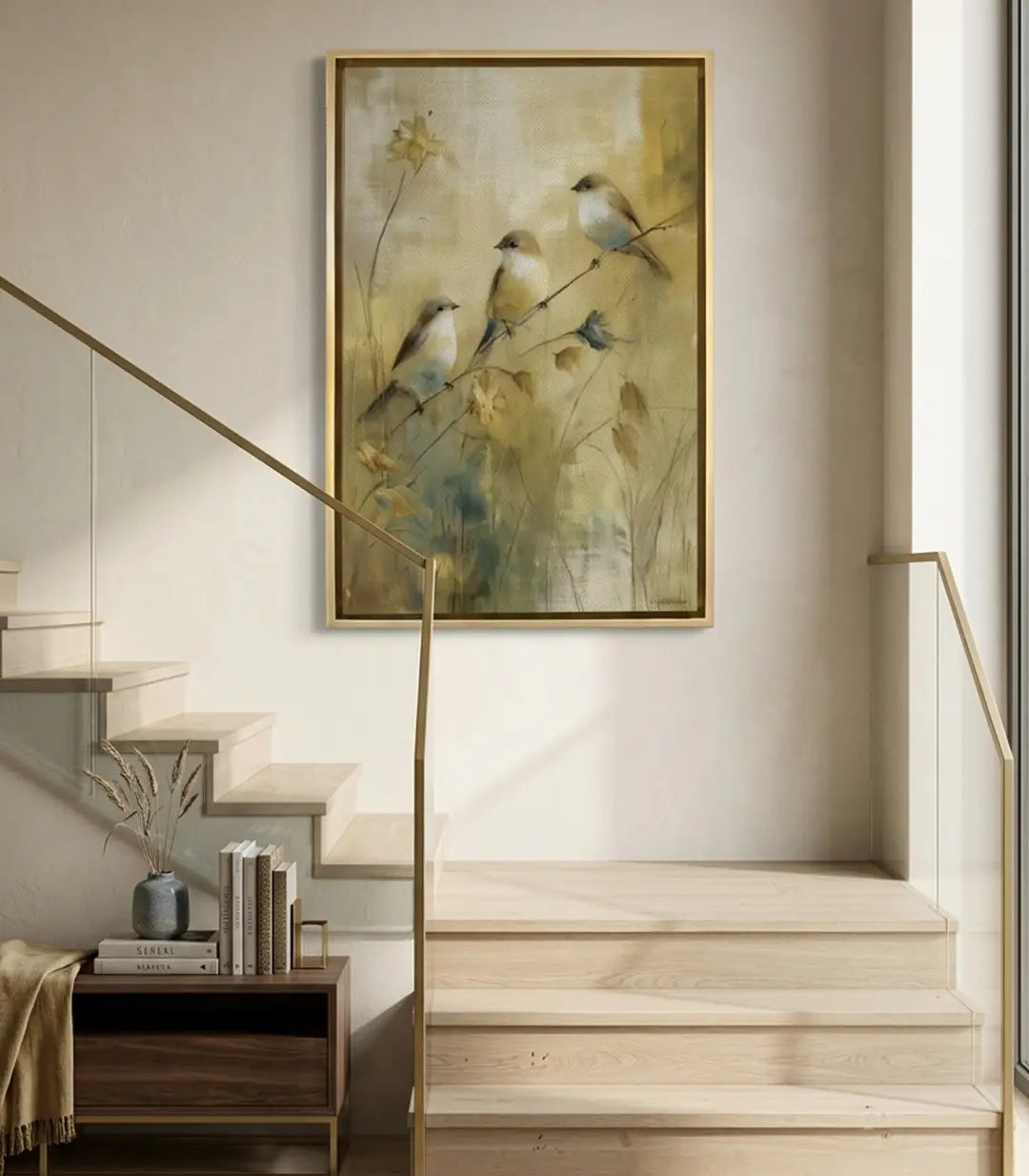 Tableau Songbirds Massinart — trois oiseaux sur branche avec fleurs en tons beige et jaune
