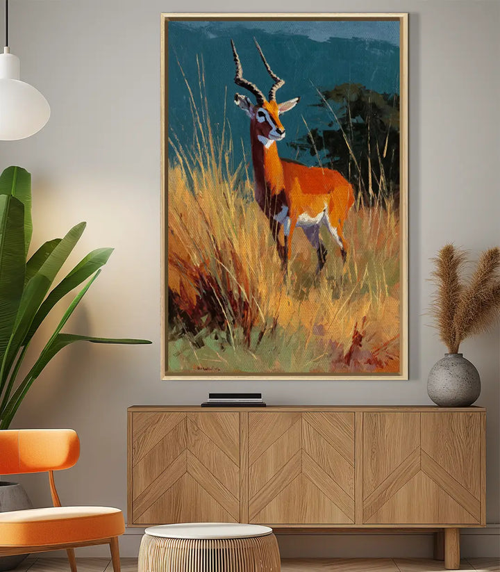 Décoration séjour contemporain - tableau antilope savane mur gris, harmonie couleurs naturelles Massinart