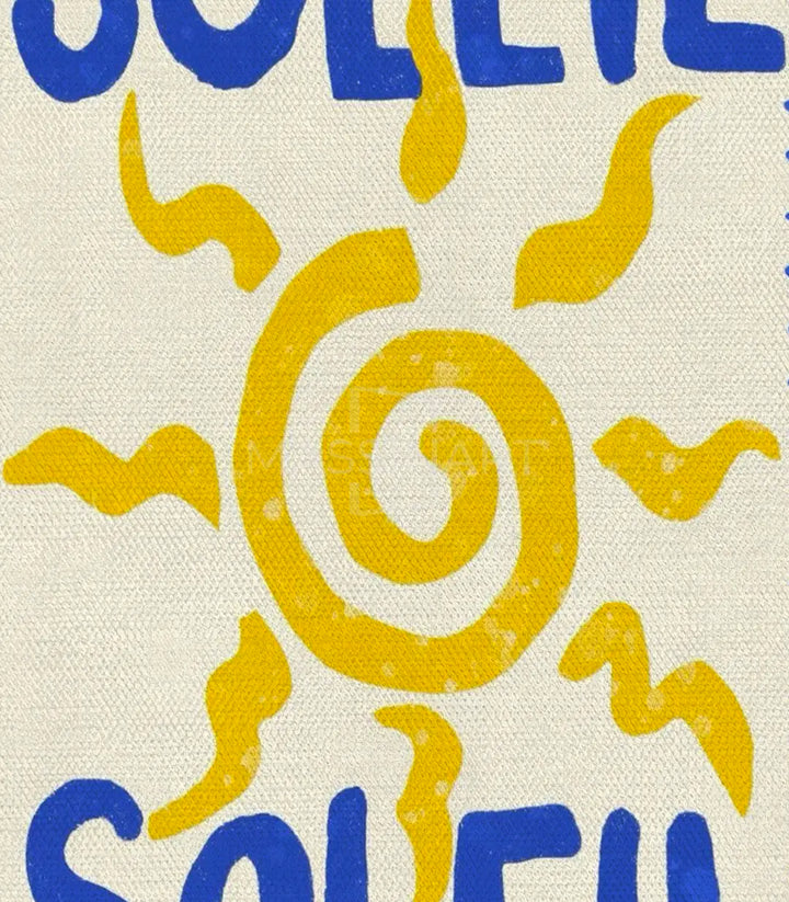 Tableau Amor Soleil — détail typographie minimaliste jaune et bleu Massinart