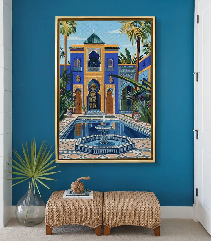 Mise en situation salon couloir — tableau architecture islamique sur mur turquoise Massinart