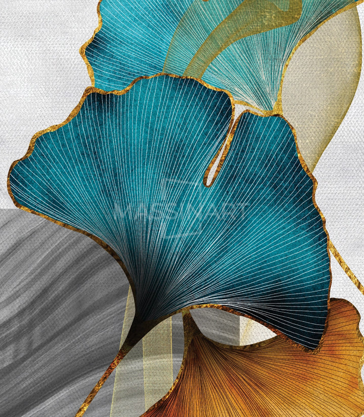 Tableau mural salon — Ginkgo Leaves triptyque tons bleu doré beige, Massinart