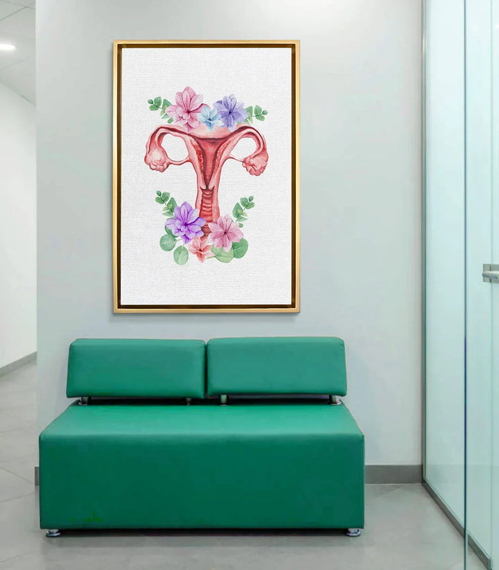 Tableau Floral Uterus en mise en situation dans cabinet médical moderne avec banquette verte, Massinart