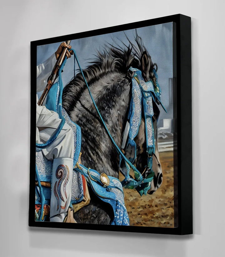 Détail cadrage — tableau cheval oriental Heritage Ride Massinart couleurs bleu turquois