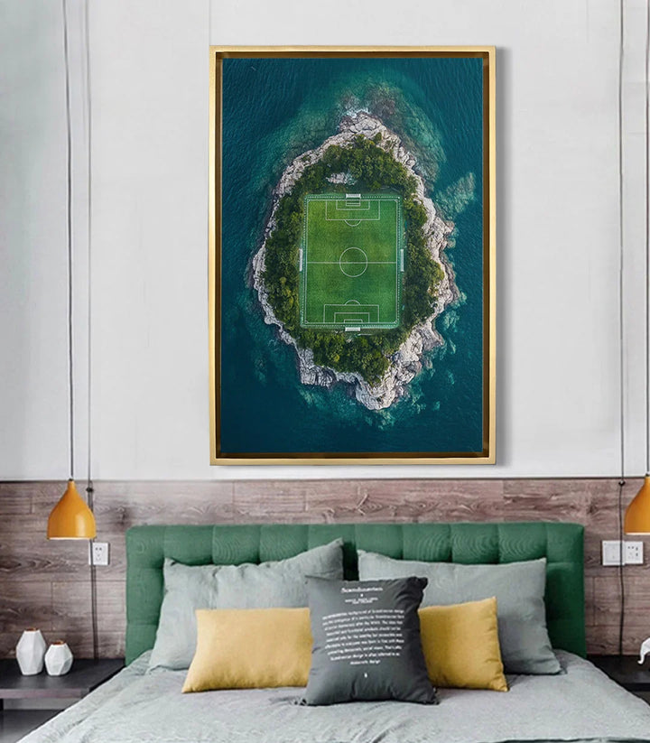 Tableau Seaside Stadium en mise en situation chambre garçon moderne — décoration murale au-dessus du lit