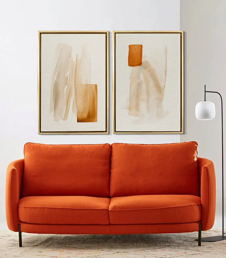 Tableau Sunbaked diptyque abstrait minimaliste Massinart — formes géométriques ocre et beige