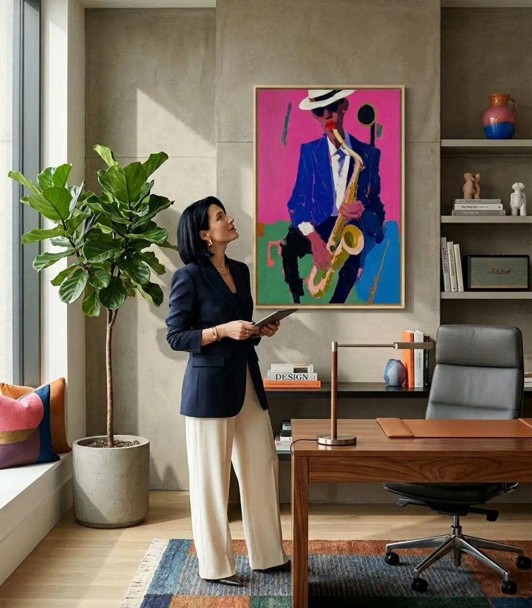 Tableau Magenta Tempo Massinart — musicien saxophoniste portrait pop-art fond rose vif