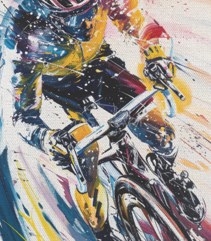 Tableau cycliste dynamique art contemporain bleu jaune, Massinart