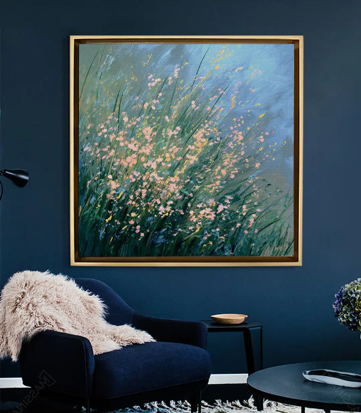Mise en situation salon moderne tableau fleurs Massinart