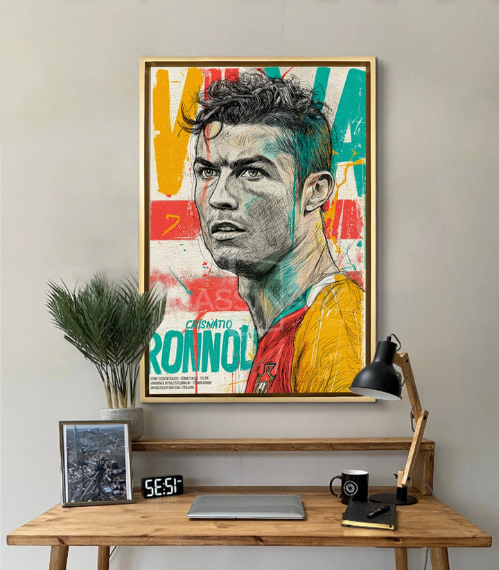 Mise en situation salon moderne — tableau portrait Ronaldo encadré noir au-dessus bureau bois Massinart