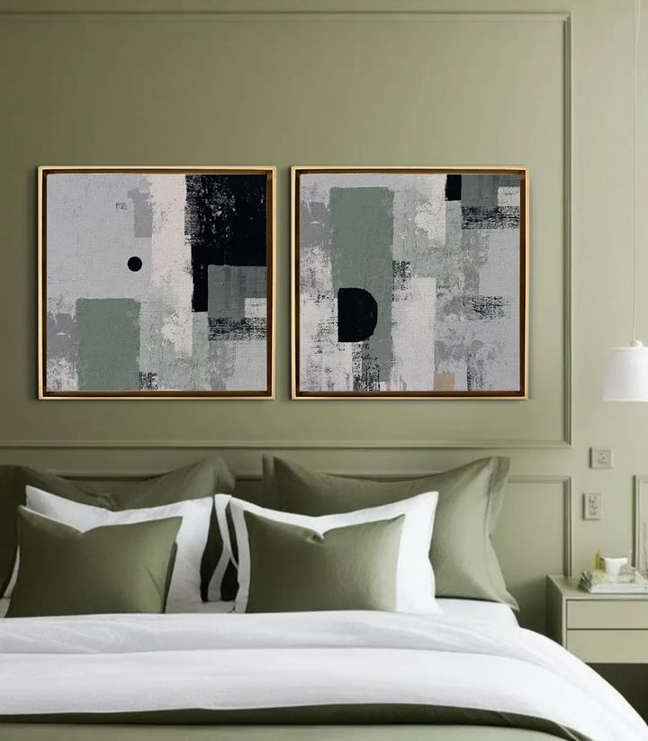 Tableau Eclipse mis en situation chambre moderne palette vert-sauge Massinart