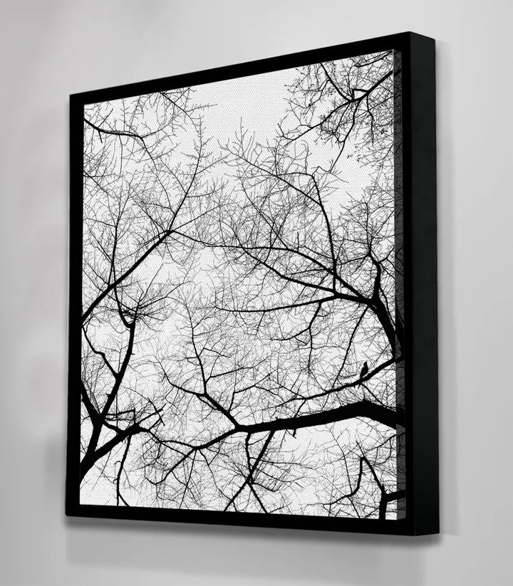 Mise en situation salon moderne — Tableau Branches Fade Massinart cadre noir