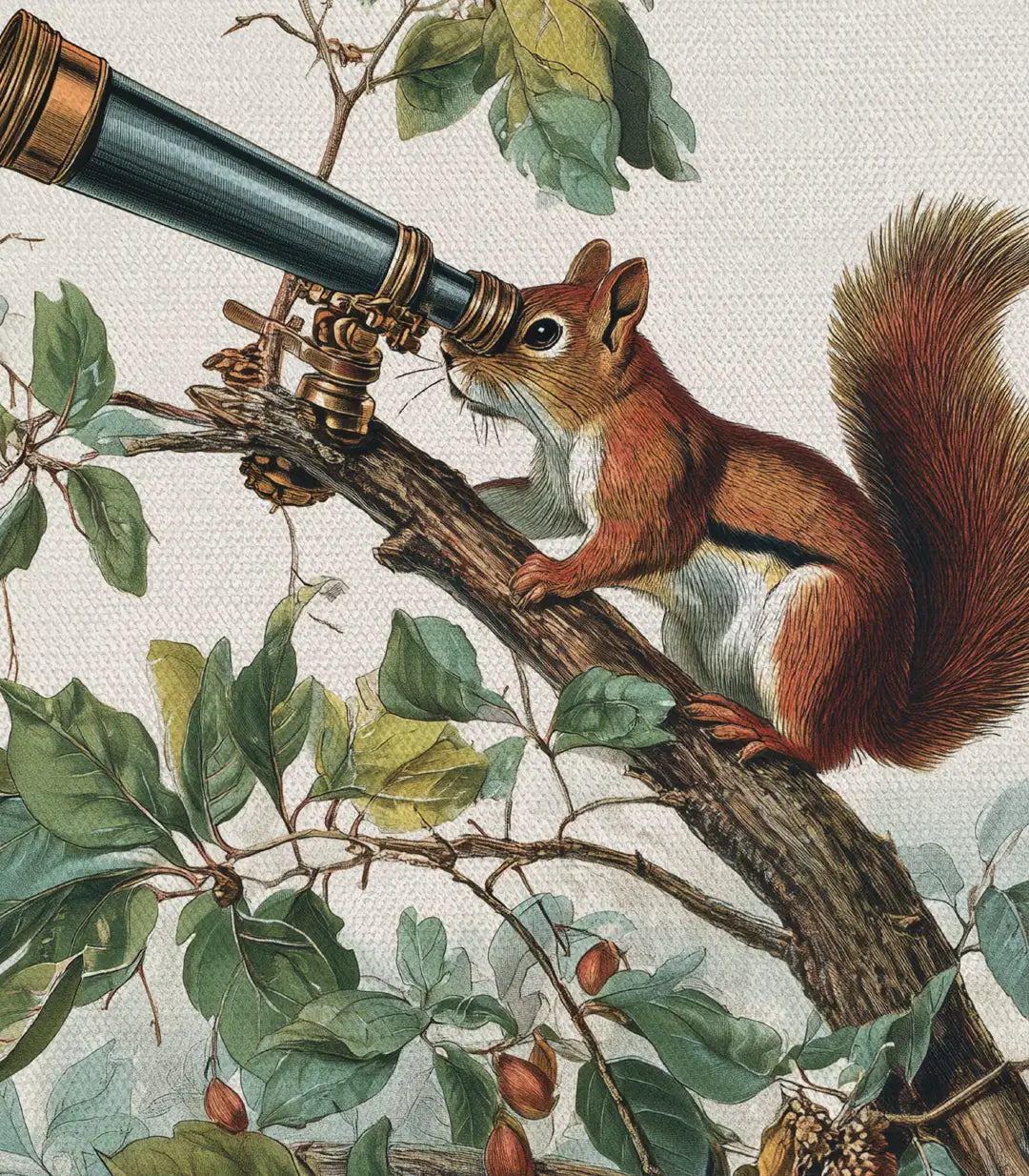 Détail illustration Stargazer Massinart — écureuil roux et télescope vintage