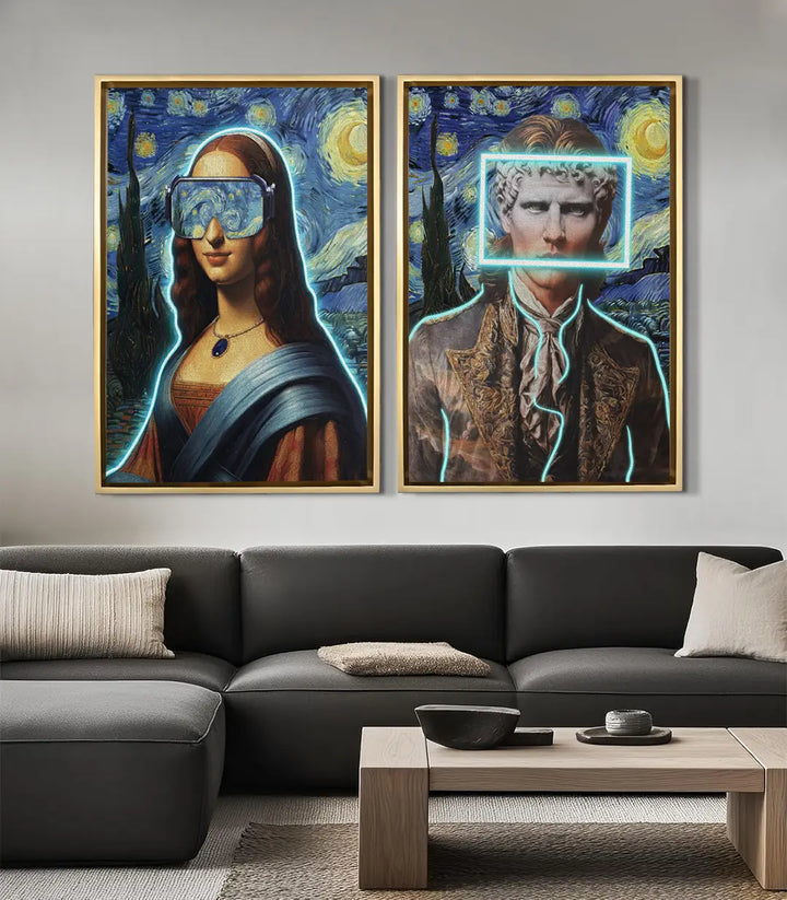 Tableau La Joconde Étoilée diptyque, mise en situation salon moderne avec canapé gris