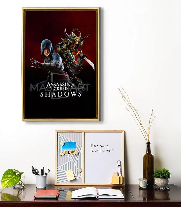 Mise en situation bureau moderne avec affiche AC Shadows Massinart