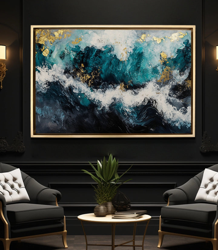 Tableau Golden Tide mise en situation salon moderne noir Massinart