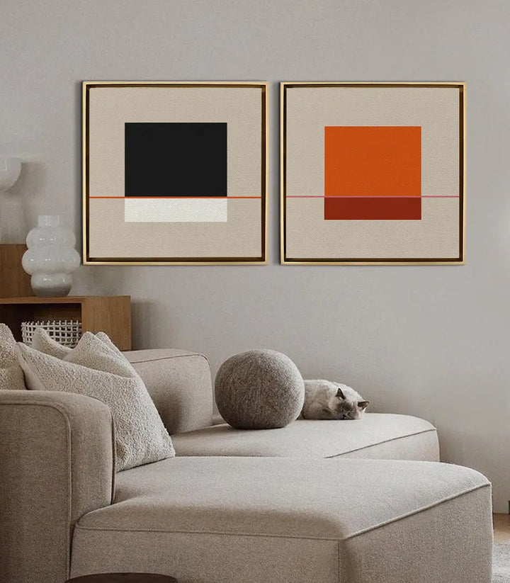 Tableau Équilibre Linéaire panneau droit avec carré orange et marron — Massinart