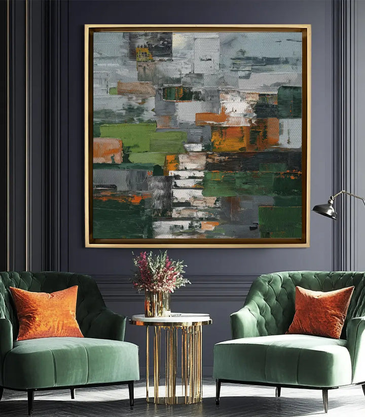 Tableau Forest Layers mise en situation salon moderne vert et doré — Massinart
