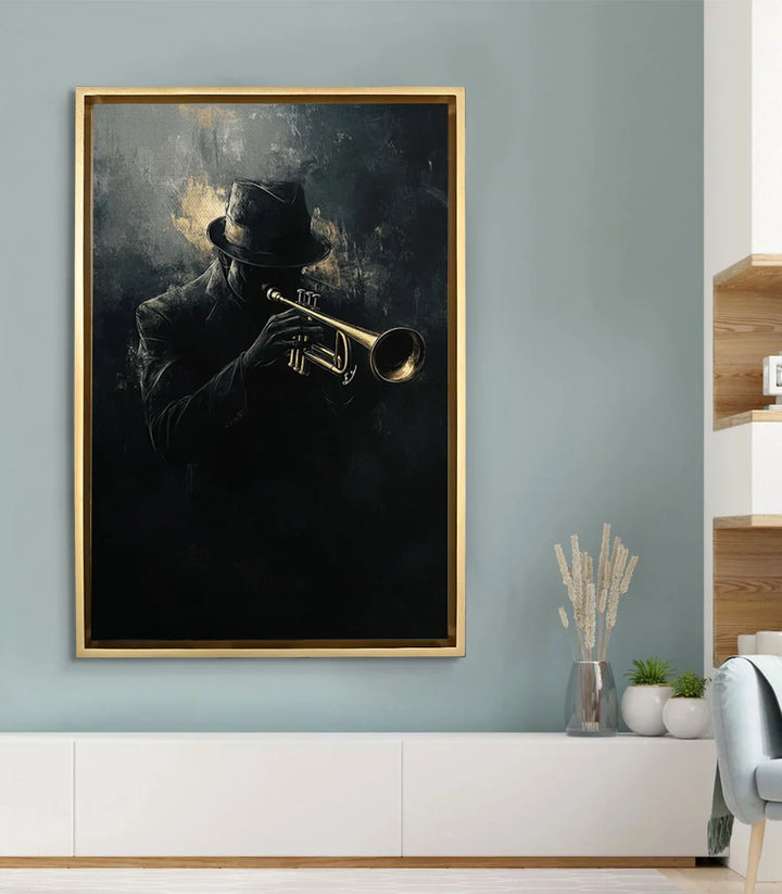 Tableau Soul in Brass mise en situation salon moderne mur gris clair Massinart