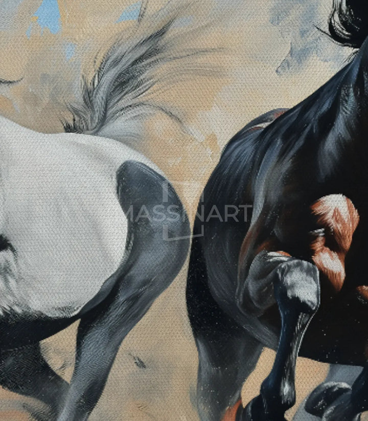Tableau See You There detail — chevaux expressionniste fond desert bleu ocre Massinart