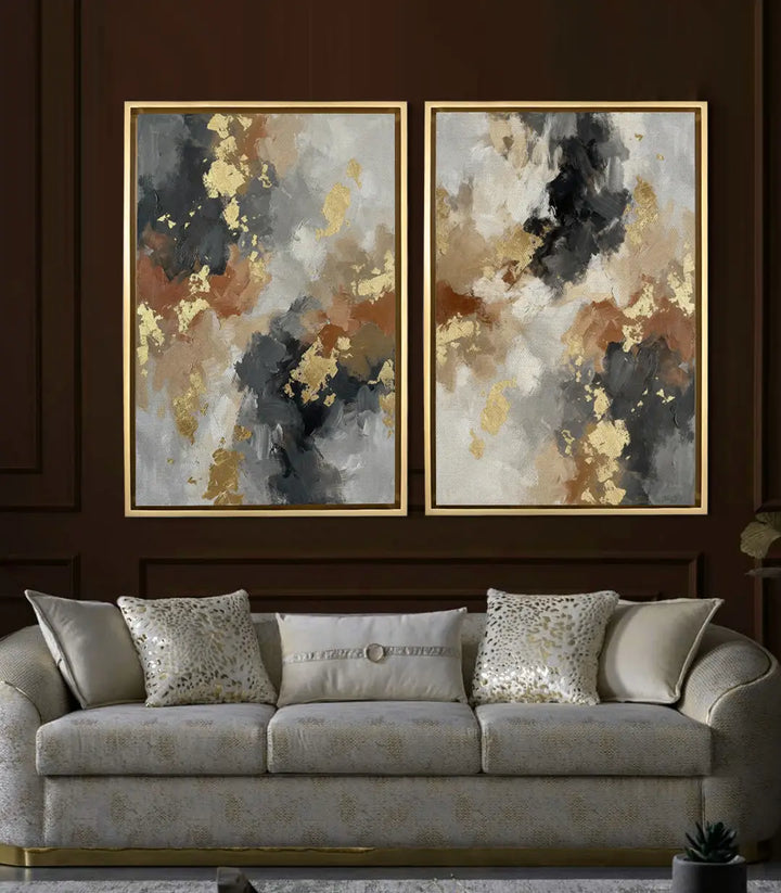 Mise en situation salon moderne — diptyque abstrait Filons d'Or au-dessus du canapé beige Massinart