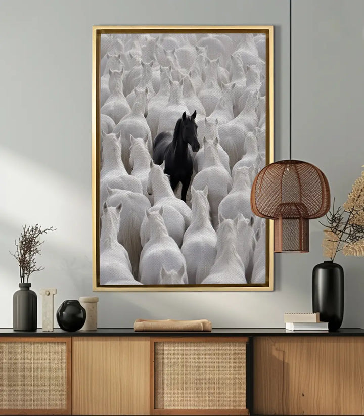 Mise en situation salon moderne — Tableau Contraste suspendu au mur gris avec mobilier bois naturel Massinart