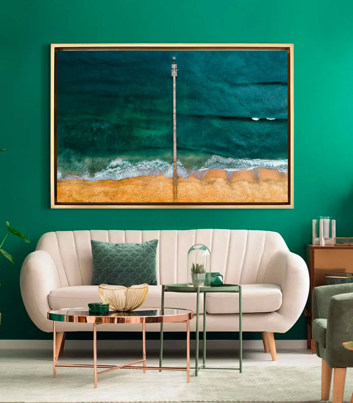 Mise en situation salon moderne tableau Ocean Path décoration murale bord-de-mer Massinart