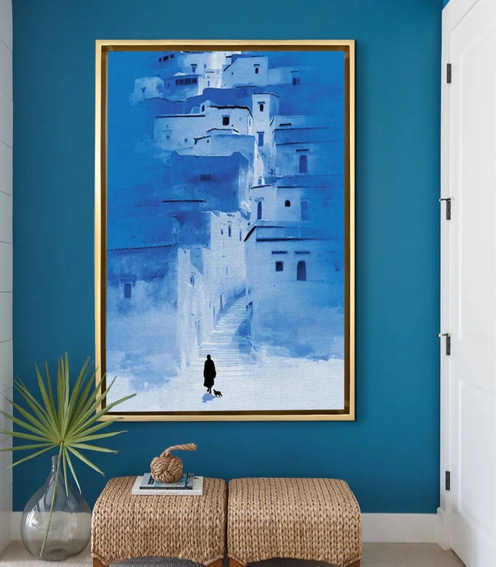 Mise en situation salon contemporain Massinart — Tableau Blue Ascent au mur turquoise