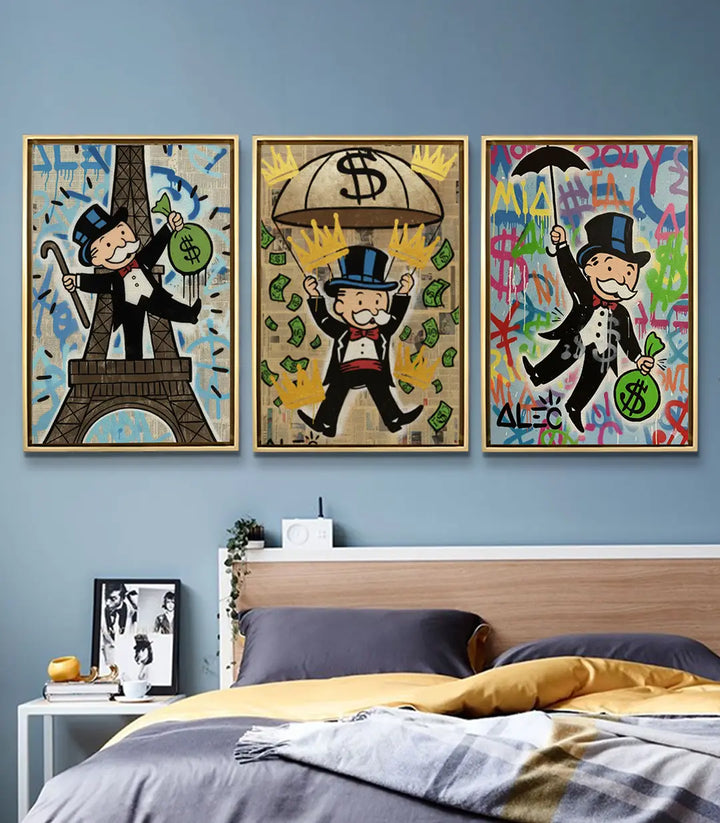 Tableau Money Dreams panneau central — Homme jonglant dollar pluie d'argent street-art Massinart