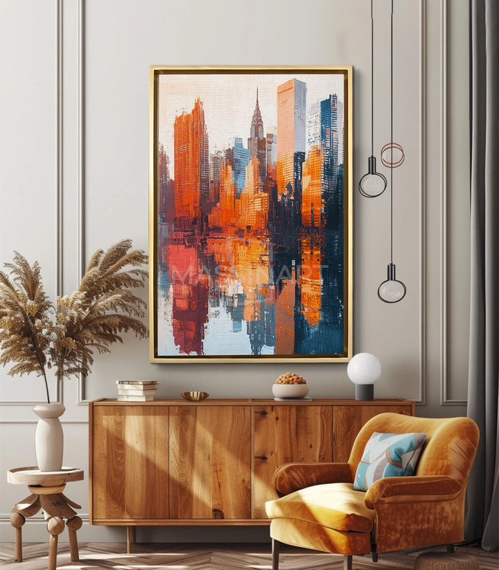Mise en situation salon moderne — tableau paysage urbain au-dessus console bois