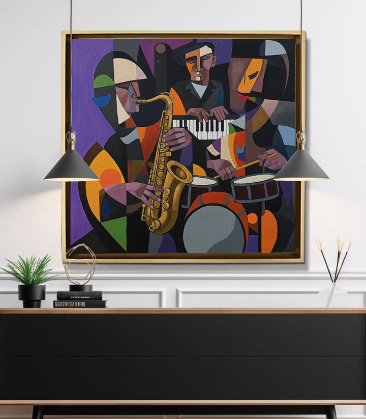 Tableau Cubist Groove mise en situation salon moderne — décoration murale carré au-dessus buffet noir Massinart
