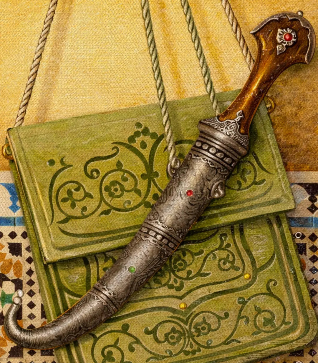 Cadrage complet — Tableau Royal Khanjar dans salon marocain, Massinart