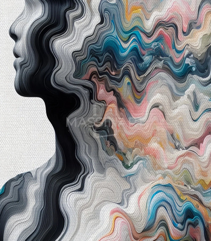 Tableau Color Surge en mise en situation salon moderne Massinart — détail peinture fluide