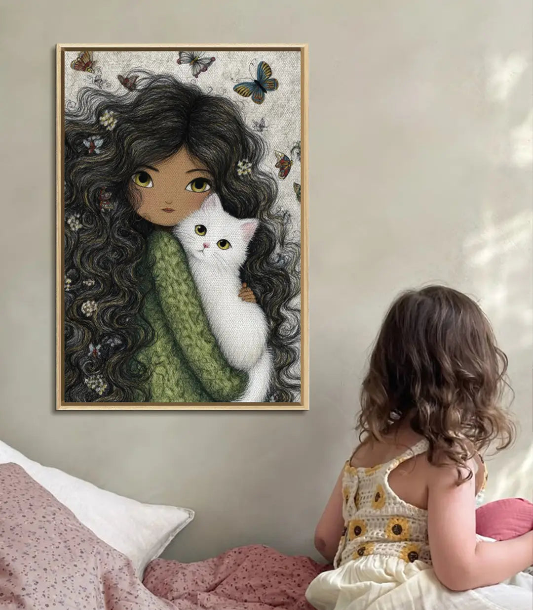 Décoration intérieur chambre - Tableau fille chat Soft Cuddle Massinart