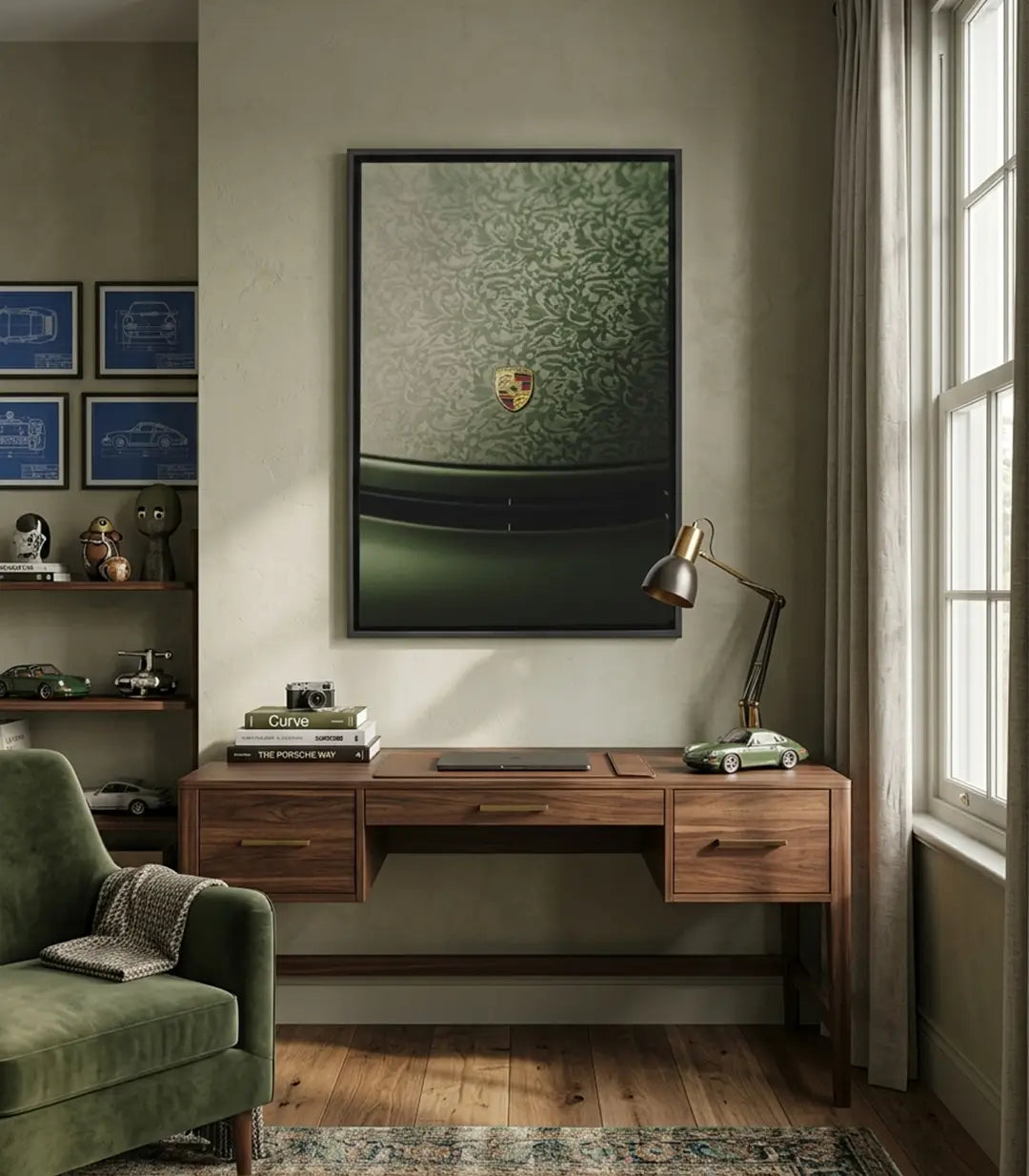 Tableau Porsche Elite Massinart — voiture de luxe sur fond vert texturé, design minimaliste