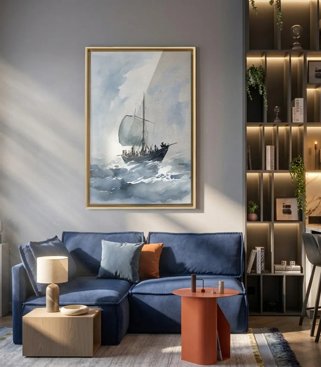 Tableau Gale Voyage mise en situation salon moderne bleu Massinart