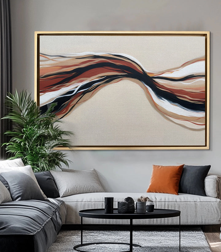 Mise en situation salon moderne — tableau Earth Tides au-dessus canapé gris Massinart