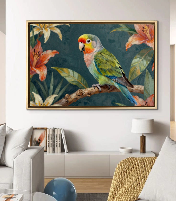 Tableau Parrot Bloom mise en situation salon moderne décoration murale Massinart