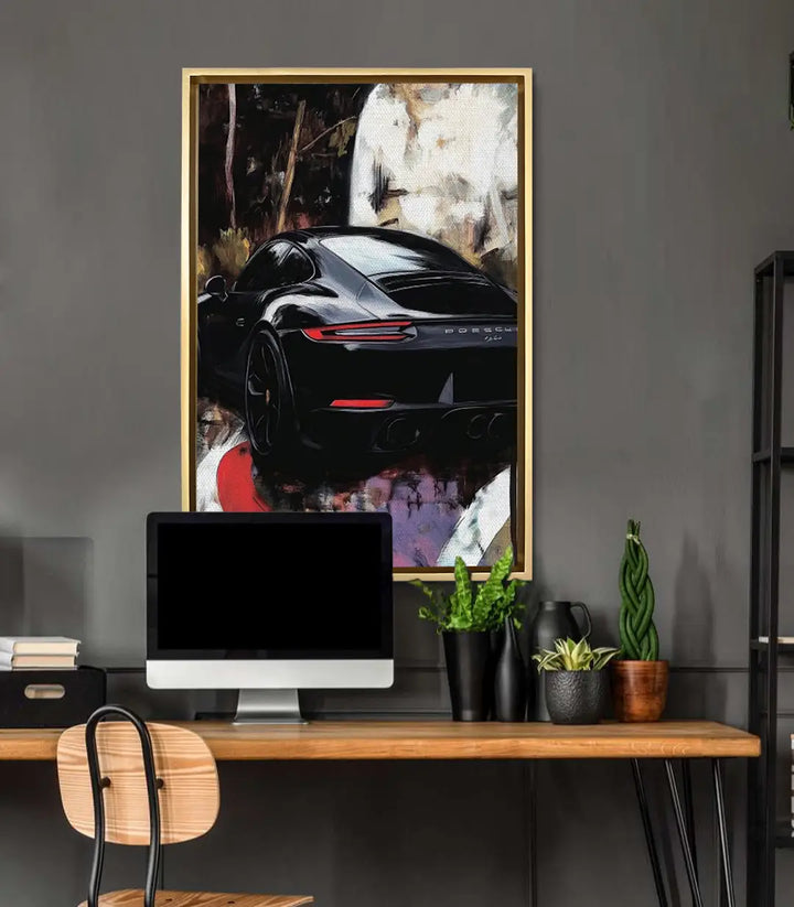 Mise en situation tableau Porsche bureau moderne, décoration mur gris Massinart