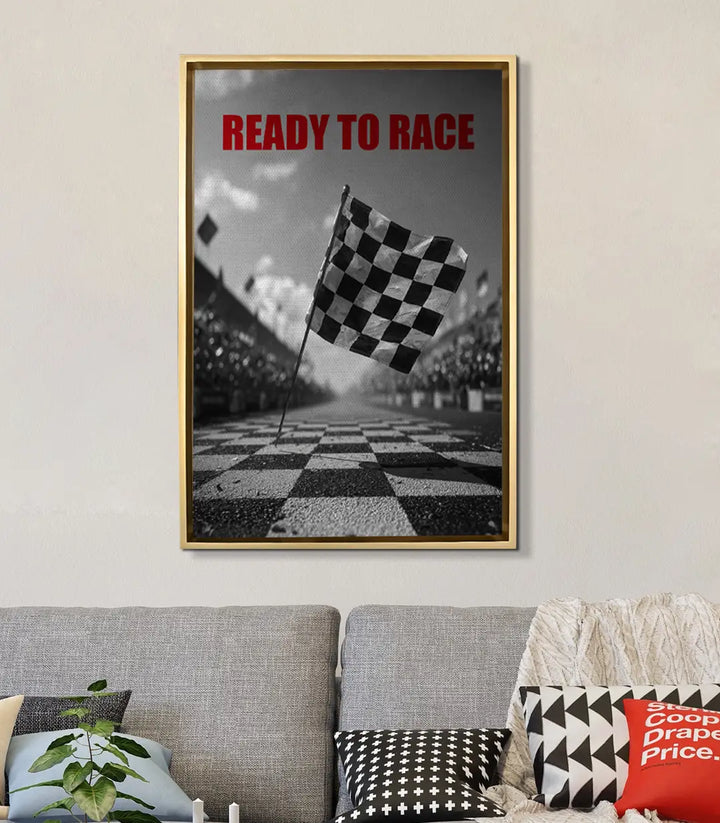 Tableau Ready To Race mise en situation salon gris — décoration murale motivation Massinart