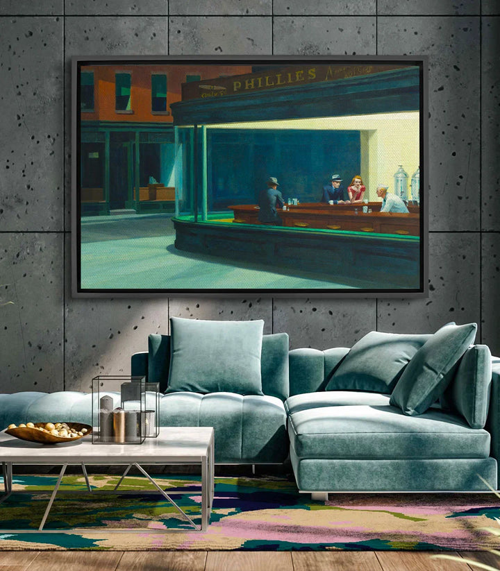 Mise en situation salon moderne — Tableau Nighthawks café urbain décoration murale Massinart