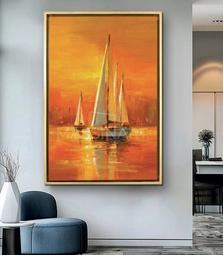 Mise en situation salon moderne Tableau Golden Sail Massinart — décoration murale voiliers