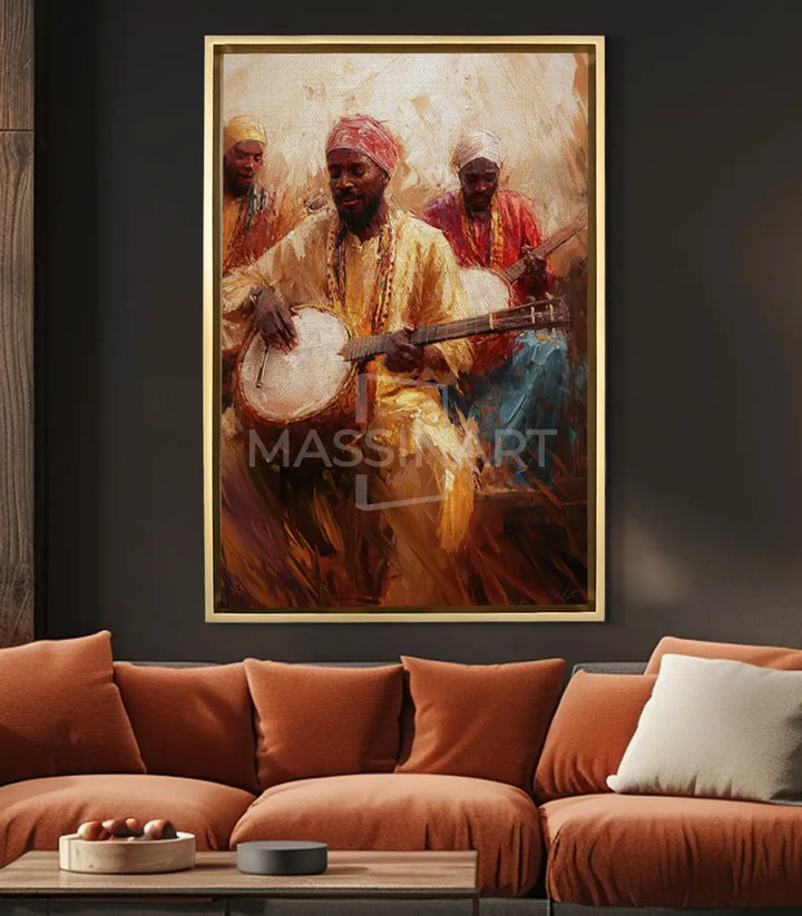 Gnawa Spirit mis en situation salon moderne murs gris, canapé terracotta Massinart