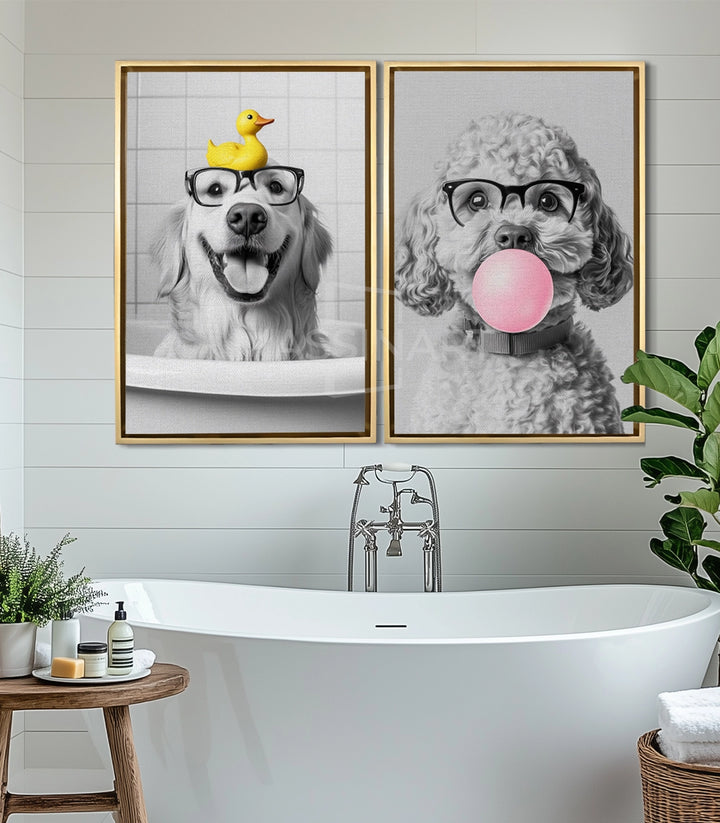 Tableau Chien bulle rose lunettes, portrait animalier diptyque — Massinart