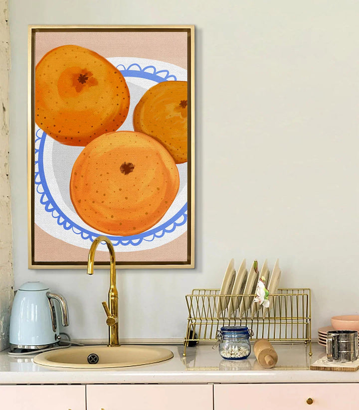 Tableau fruits cuisine Massinart — mise en situation décoration murale salon moderne beige