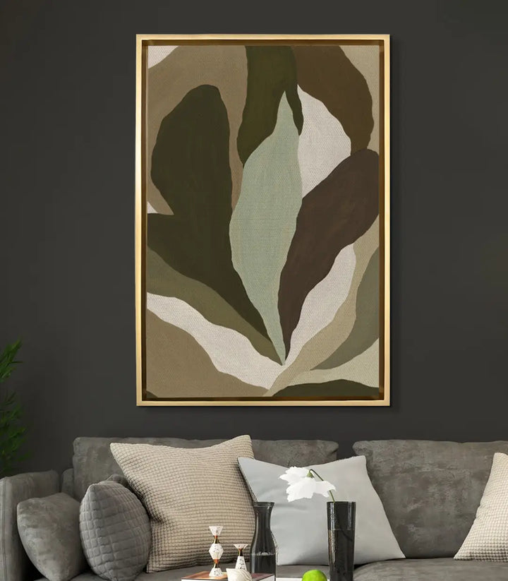 Mise en situation salon moderne - Tableau Earth Tones au-dessus canapé gris Massinart