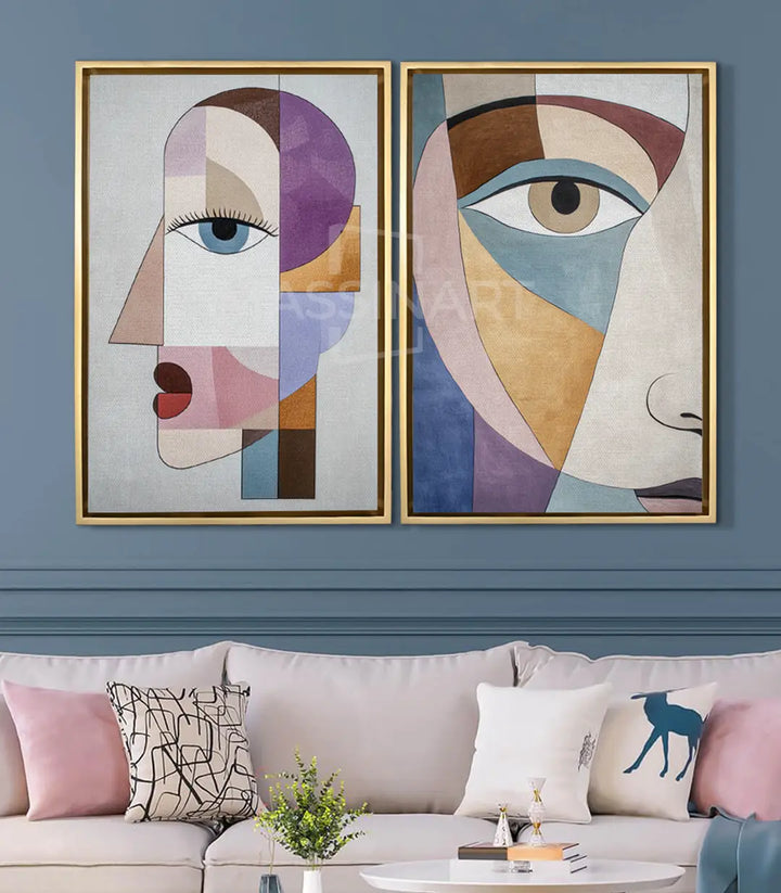 Mise en situation salon moderne - diptyque portrait abstrait Cubic Stare Massinart