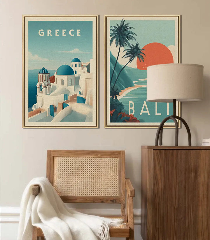 Mise en situation salon moderne — diptyque affiches voyage Blue Islands décoration murale