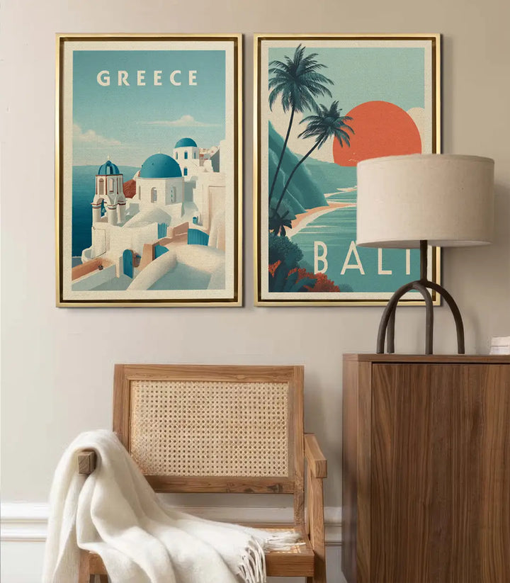 Tableau affiche Bali vintage — palmiers coucher soleil orange, style art-déco rétro Massinart